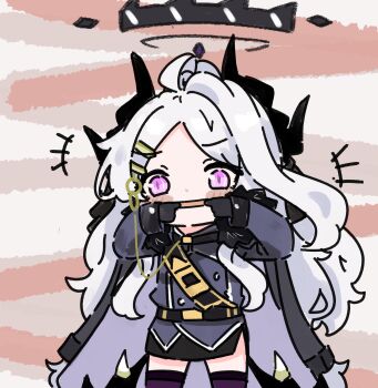 1girl absurdres belt black_gloves blue_archive blush_stickers chibi coat e_v_e_neko finger_in_own_mouth gloves hair_ornament hairclip halo highres hina_(blue_archive) horns long_hair making_faces mechanical_halo pencil_skirt pink_eyes purple_coat skirt taunting teasing thighhighs very_long_hair wavy_hair white_hair wings zettai_ryouiki