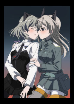 2girls animal_ears black_necktie black_skirt blush braid breasts cat_ears cat_girl closed_eyes commentary eila_ilmatar_juutilainen flying fox_ears fox_girl grey_hair highres long_hair looking_at_another medium_breasts military military_uniform multiple_girls naguramu necktie pantyhose sanya_v._litvyak short_hair single_braid skirt small_breasts strike_witches striker_unit symbol-only_commentary white_hair white_pantyhose world_witches_series yuri