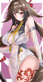 Rule 34 | 1girl, absurdres, animal ears, armlet, black streaks, breasts, china dress, chinese clothes, clover hair ornament, commentary, covered navel, dress, droopy ears, fox ears, fox girl, fox tail, hair ornament, headband, highres, jewelry, kuro (blackpgmickey), large breasts, leg tattoo, light blush, looking at viewer, red eyes, see-through cleavage, see-through clothes, sideboob, sleeveless, smirk, sweat, tail, tattoo, thighs, ye shunguang, zenless zone zero