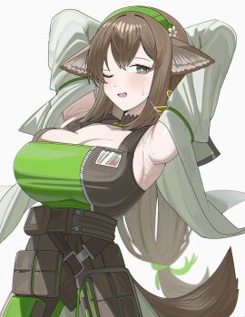 Rule 34 | 1girl, ;d, absurdres, animal ears, arknights, armpits, arms behind head, arms up, blush, breasts, brown hair, cleavage, commentary request, dress, green dress, grey background, grey eyes, highres, jacket, large breasts, looking at viewer, one eye closed, open clothes, open jacket, open mouth, perfumer (arknights), simple background, small sweatdrop, smile, solo, spam (spamham4506), sweat, tail, white jacket
