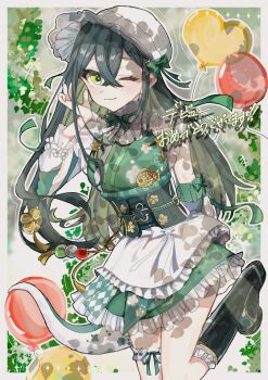 1girl apron arm_behind_back balloon bare_shoulders black_corset blush bonnet boots border breasts closed_mouth collar colored_inner_hair corset crossed_bangs detached_sleeves fish floral_print floral_print_kimono flower-shaped_pupils flower_hairpin flower_knot foot_out_of_frame frilled_bonnet frilled_collar frilled_skirt frilled_socks frilled_thigh_strap frills green_background green_boots green_eyes green_hair green_kimono green_ribbon green_tail hair_ornament hair_ribbon hairclip hand_up highres japanese_clothes kimono kimono_skirt knee_boots kneehighs lizard_tail long_hair long_sleeves looking_at_viewer maid_apron mokodayo_0730 multicolored_hair neck_ribbon nijisanji obiage obijime one_eye_closed outside_border print_kimono ribbon skirt small_breasts smile socks solo standing standing_on_one_leg symbol-shaped_pupils tail tail_under_clothes tassel thigh_strap togawa_nonoha tree_shade virtual_youtuber waist_apron white_bonnet white_border white_ribbon white_sleeves