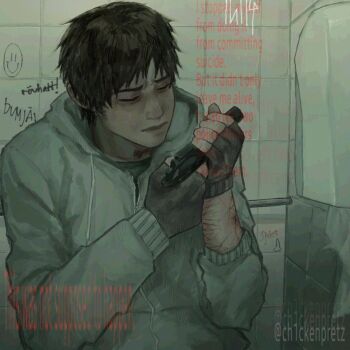1boy bathroom black_gloves black_hair black_shirt ch1ckenpretz closed_eyes cry_of_fear english_text fingerless_gloves gloves graffiti grey_hoodie gun handgun highres holding holding_gun holding_weapon hood hood_down hoodie implied_self-harm looking_at_object male_focus messy_hair self-harm_scar shirt short_hair simon_henriksson solo tile_wall tiles weapon wrist_cutting