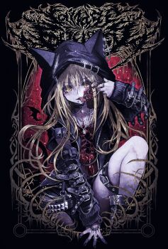 1girl absurdres animal_hood arm_strap belt blonde_hair cat_hood chain cheek_pull commentary_request detached_sleeves face_piercing forked_tongue guro hand_tattoo highres hood hood_up jacket jewelry knee_up labret_piercing long_hair long_sleeves looking_at_viewer open_clothes open_jacket organs original piercing ribs ring shoes short_sleeves solo tattoo thigh_belt thigh_strap tongue yellow_eyes yu-ki_iwata