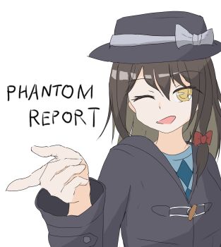 1girl absurdres alternate_costume asymmetrical_hair black_hat bow brown_hair clasp coat commentary english_text hair_bow hat hat_bow highres looking_at_viewer medium_hair one_eye_closed open_mouth oversized_clothes pointing pointing_to_the_side red_bow simple_background solo tagme touhou undershirt usami_renko user_dhnv8373 white_background yellow_eyes