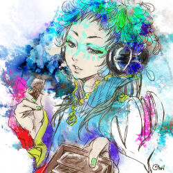 Rule 34 | 1other, androgynous, blue eyes, blue hair, cotori (globule), facepaint, facial mark, feathers, forehead mark, gnosia, green eyes, green hair, headphones, long hair, long sleeves, looking at viewer, makeup, multicolored hair, other focus, raqio, simple background, solo, streaked hair, tattoo, upper body