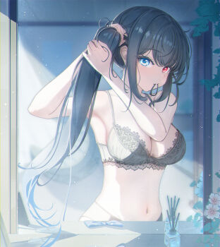 1girl absurdres adjusting_hair against_mirror aqua_(eos8012) arms_up black_bra black_panties blue_eyes bra breasts cleavage commentary_request flower heterochromia highres korean_commentary large_breasts long_hair looking_at_viewer navel panties red_eyes reflection side_ponytail sidelocks standing trickcal underwear underwear_only upper_body white_flower xion_(trickcal)