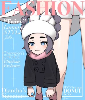 Rule 34 | 2girls, ansha (pokemon), blue background, blue eyes, blush, braid, carrying, carrying person, cover, diantha (pokemon), english text, fake magazine cover, grabbing another's hair, grey hair, hat, head out of frame, holding another's hair, jacket, magazine cover, mother and daughter, multiple girls, nintendo, pasinosri, pokemon, pokemon legends: z-a, pokemon xy, scarf, shorts