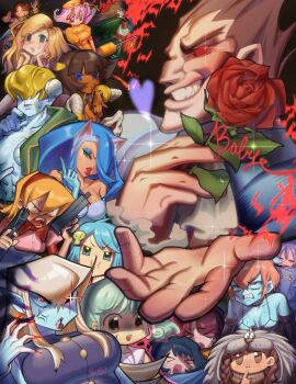 Rule 34 | 1boy, 6+girls, absurdres, alternate costume, alternate eye color, alternate hair color, alternate hairstyle, anakaris, anger vein, angry, animal ears, b.b. hood, bare shoulders, bat (animal), bishamon (darkstalkers), blonde hair, blue eyeshadow, blue gloves, blue hair, blue skin, blush, bow, bowtie, breasts, brown hair, capcom, cat ears, cat girl, cleavage, closed eyes, closed mouth, colored sclera, colored skin, commentary, dark skin, darkstalkers, demitri maximoff, demon, demon girl, donovan baine, dress, embarrassed, english commentary, english text, eyeshadow, felicia (darkstalkers), finger to mouth, finger to own chin, flower, frown, genderswap, genderswap (mtf), gloves, glowing, glowing eye, green hair, gun, hair over eyes, halloween, happy halloween, heart, highres, holding, holding gun, holding weapon, hsien-ko, jacket, jedah dohma, large breasts, lilith (darkstalkers), lipstick, long hair, looking afar, looking ahead, looking at another, looking at viewer, looking to the side, looking up, lord raptor, makeup, medium breasts, mei-ling (darkstalkers), midnight bliss, morrigan aensland, multiple girls, multiple persona, nail polish, neckerchief, nurse, official alternate costume, official alternate hairstyle, open clothes, open jacket, open mouth, orange hair, pink hair, pktmgs, pointing, pointing up, pout, purple hair, q-bee, reaching, reaching towards viewer, red bow, red eyes, red flower, red lips, red nails, red rose, rose, sasquatch (darkstalkers), short hair, sleeping, small breasts, smile, sparkle, sparkling eyes, surprised, sweat, sweatdrop, teardrop, tearing up, tears, teeth, twintails, vampire, victor von gerdenheim, weapon, white neckerchief
