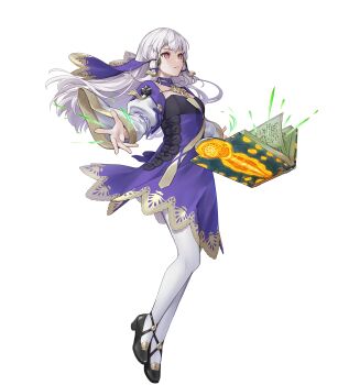 1girl attack book breasts brooch cleavage dress fire_emblem fire_emblem_heroes flat_chest floating floating_book floating_object gold_trim high_heels highres jewelry lace lace-trimmed_dress lace_trim long_hair lysithea_von_ordelia lysithea_von_ordelia_(timeskip) nintendo non-web_source official_alternate_costume official_art open_book pantyhose pumps purple_dress red_eyes solo veil white_hair
