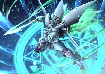 absurdres cybuster glowing highres holding holding_sword holding_weapon magic_circle mecha mecha_focus mechanical_wings no_humans robot solo super_robot_wars super_robot_wars_the_lord_of_elemental sword troy_(oxaa01ex) weapon wings
