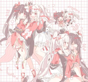 >_< 2girls absurdres brown_hair commentary_request dual_persona hat heart highres honkai:_star_rail honkai_(series) iroha_ik laughing multiple_girls open_mouth red_eyes smile sparkle_(honkai:_star_rail) sparxie_(honkai:_star_rail) twintails white_hair