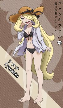 1girl absurdres arm_at_side barefoot bikini black_bikini blonde_hair breasts brown_background character_name cleavage cynthia_(pokemon) eyelashes fankifalu feet female_focus front-tie_bikini_top front-tie_top full_body grey_eyes hair_bobbles hair_ornament hair_over_one_eye hand_up happy hat hat_ribbon highres jacket jacket_over_swimsuit japanese_text knees legs long_hair long_sleeves looking_at_viewer medium_breasts midriff navel neck nintendo open_clothes open_jacket open_mouth pokemon pokemon_champion pokemon_dppt ribbon side-tie_bikini_bottom sidelocks smile standing straw_hat sun_hat swimsuit toes very_long_hair wavy_hair