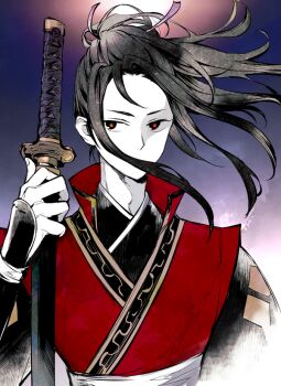 1boy black_hair commentary_request covered_mouth grel_(r6hgvu5) high_collar hikari_ku holding holding_sword holding_weapon katana looking_to_the_side male_focus octopath_traveler octopath_traveler_ii ponytail red_eyes solo standing sword weapon