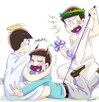 3boys anger_vein angry blue_suit crying demon_boy demon_horns demon_tail flying_sweatdrops formal_clothes grabbing_another&#039;s_tail halo holding_statue horns laurel_crown looking_at_another male_focus matsuno_choromatsu matsuno_karamatsu matsuno_osomatsu mone_(14ri0000) multiple_boys osomatsu-san osomatsu_(series) plague_doctor_mask shouting struggling suit sweat tail tail_pull toga twitter_username white_background worried