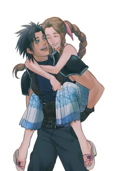 1boy 1girl aerith_gainsborough armor arms_around_neck belt belt_buckle black_gloves black_hair blue_dress blue_eyes braid braided_ponytail brown_hair buckle carrying couple cowboy_shot crisis_core:_final_fantasy_vii dress drill_hair drill_sidelocks final_fantasy final_fantasy_vii full_body gloves hair_ribbon heads_together hetero highres hug hug_from_behind looking_at_another multiple_belts open_mouth parted_bangs parted_lips piggyback pink_ribbon ribbon sandals shoulder_armor sidelocks sleeveless sleeveless_dress sleeveless_turtleneck smile spiked_hair suspenders sweater sylvthea toes turtleneck turtleneck_sweater white_background zack_fair