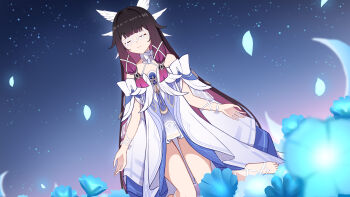 1girl absurdres black_hair blue_petals choker closed_eyes closed_mouth columbina_(genshin_impact) dress falling_petals feathered_wings genshin_impact gradient_hair hair_ribbon head_wings highres kneeling long_sidelocks multicolored_hair multiple_wings mxirony petals pink_hair ribbon sidelocks smile solo white_choker white_dress white_mask wings wrist_ribbon
