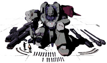 2boys ammunition art_study bazooka_(gundam) bullet_hole cable damaged dirty equipment_layout gundam gundam_0080 kampfer_(mobile_suit) kneeling machinery mecha mobile_suit multiple_boys original panzerfaust red_ace redesign robot science_fiction traditional_media weapon zeon