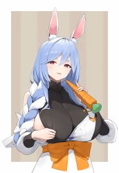 Rule 34 | 1girl, absurdres, animal ear fluff, animal ears, apron, areola slip, black bodysuit, blue hair, bodysuit, border, bow, braid, braided ponytail, breasts, brown background, carrot, commentary, english commentary, hair between eyes, hair bow, hair over shoulder, highres, holding, holding carrot, hololive, huge breasts, long hair, looking at viewer, mature female, multicolored hair, orange eyes, outside border, parted lips, pekomama, rabbit ears, rabbit girl, revision, short eyebrows, siu hing5262, solo, thick eyebrows, two-tone hair, upper body, virtual youtuber, white apron, white border, white bow, white hair