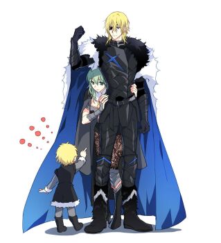 1boy 1girl 1other ambiguous_gender armor armored_boots armored_gloves artist_request bad_id bad_twitter_id black_armor black_boots black_fur black_gloves blonde_hair blue_cape blue_eyes boots breastplate breasts brown_pantyhose cape child dimitri_alexandre_blaiddyd dimitri_alexandre_blaiddyd_(timeskip) eyepatch family father_and_child female_byleth_(awakened)_(fire_emblem) female_byleth_(fire_emblem) fire_emblem fire_emblem:_three_houses fur-trimmed_cape fur_trim gloves green_eyes green_hair hair_between_eyes hand_up height_difference highres hug hug_from_behind husband_and_wife if_they_mated inactive_account knee_boots looking_at_another male_focus medium_breasts mother_and_child nintendo one_eye_covered pantyhose pointing pointing_at_another simple_background solo_focus standing white_background white_fur
