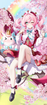 1girl absurdres aqua_bow aqua_bowtie aqua_eyes aqua_hair artist_name bare_legs block_heels blush bow bowtie dress feifu flower gradient_hair hat highres honkai:_star_rail honkai_(series) hyacine_(honkai:_star_rail) in_tree incredibly_absurdres little_ica_(honkai:_star_rail) looking_at_viewer medium_hair multicolored_hair one_eye_closed pegasus pink_hair rainbow red_bow red_dress red_hat sitting sitting_in_tree tree twintails two-tone_hair
