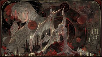 Rule 34 | absurdres, animal, bat (animal), bird, biting, black dress, border, candle, candlestand, cane, cape, castle, circle, closed eyes, coffin, couple, demon, dress, earrings, fang, fire, flower, glowing, glowing eyes, hetero, highres, jewelry, long hair, long sleeves, looking at viewer, love and deepspace, magic circle, mephisto (love and deepspace), moon, neck biting, open mouth, ornate border, profile, protagonist (love and deepspace), red eyes, red flower, red moon, red rose, renga (artist), rose, sitting, sylus (love and deepspace), thorns, white bird, white cape, white hair, white wings, wings