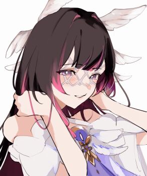 1girl absurdres bare_shoulders black_hair blunt_bangs blush bright_pupils columbina_(genshin_impact) commentary_request dress eye_mask feathered_wings genshin_impact gradient_hair grey_mask hair_ornament hands_up head_wings highres lips long_hair looking_at_viewer mask multicolored_hair multiple_wings off-shoulder_dress off_shoulder pink_hair purple_eyes sa_3987 short_sleeves sidelocks simple_background smile solo teeth two-tone_hair upper_body white_background white_dress white_pupils wings x_hair_ornament