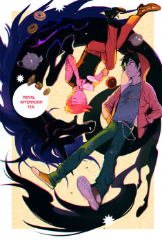 Rule 34 | 2boys, adventure time, apple, belt, belt buckle, black hair, black shoes, black vest, blue shirt, border, brown belt, buckle, colored skin, commentary, converse, crew neck, crown, cup, denim, donut, dress shoes, english commentary, fang, food, fruit, genderswap, genderswap (ftm), grey skin, holding, holding cup, holding saucer, hood, hood up, hooded jacket, jacket, jeans, long sleeves, looking to the side, male focus, marshall lee, mini crown, multiple boys, outside border, pants, pink hair, pink shirt, pink skin, prince gumball, red eyes, red jacket, red pants, red shoes, saucer, shirt, shishio (shishio5431), shoes, sideways glance, teacup, teapot, thick eyebrows, upside-down, vest, white border