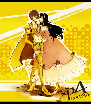 Rule 34 | 2girls, amagi yukiko, atlus, boots, cape, dress, elbow gloves, gloves, highres, long hair, megami tensei, multiple girls, persona, persona 4, satonaka chie, shadow (persona), shadow chie, shadow yukiko, shin megami tensei, short hair, thigh boots, thighhighs