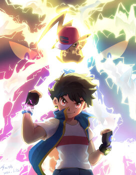 1boy absurdres arm_up ash-greninja ash_ketchum baseball_cap black_gloves black_hair blue_vest brown_eyes charizard chinese_commentary clothed_pokemon commentary_request dated dynamax electricity fingerless_gloves fire gen_1_pokemon gen_3_pokemon gen_4_pokemon gen_5_pokemon gen_6_pokemon gengar gigantamax gigantamax_gengar gloves glowing greninja hat highres infernape krookodile lucario mega_lucario mega_pokemon mega_stone nintendo open_clothes open_vest pikachu pokemon pokemon_(anime) pokemon_(creature) pokemon_journeys pokemon_move red_eyes red_hat sceptile shirt short_hair smile snorlax sunglasses t-shirt v-shaped_eyebrows vest white_shirt xi_shui_fang z-move z-ring