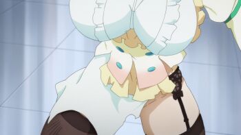 10s 1girl animated animated_gif anime_screenshot black_thighhighs bouncing_breasts breasts darkness_(konosuba) female_focus garter_belt head_out_of_frame huge_breasts kono_subarashii_sekai_ni_shukufuku_wo! no_panties solo thighhighs torn_clothes