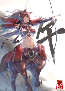 1girl abs aiming animal_ears armor arrow_(projectile) black_bridal_gauntlets boobplate bow_(weapon) breastplate breasts bridal_gauntlets brown_eyes brown_hair centaur chinese_zodiac closed_mouth commentary_request crop_top floating_hair hair_between_eyes highres holding holding_arrow holding_bow_(weapon) holding_weapon hooves horse_ears horse_tail horseshoe_ornament japanese_armor kote kusazuri large_breasts long_hair monster_girl multiple_legs navel original ponytail rearing ribbon-trimmed_shirt ribbon_trim shirt shoulder_armor sidelocks signature smile sode solo standing strail_cycleman tail taur very_long_hair weapon white_background white_shirt year_of_the_horse
