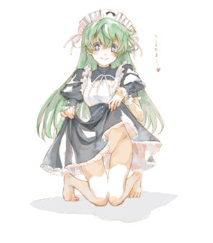 1girl alice_soft barefoot blue_eyes bottomless clothes_lift cosmic_(crownclowncosmic) dress dress_lift female_focus full_body green_hair groin heart heart-shaped_pupils highres kneeling kobayakawa_chinu long_hair looking_at_viewer maid maid_headdress mouri_teru no_panties rance_(series) sengoku_rance simple_background sketch smile solo symbol-shaped_pupils translation_request white_background