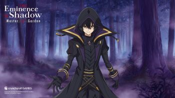 Rule 34 | 1girl, artist request, black coat, black eyes, black gloves, black hair, black hood, black pants, cid kagenou, cid kagenou (shadow), coat, copyright name, copyright notice, fog, forest, gem, gloves, hair between eyes, highres, kage no jitsuryokusha ni naritakute!, kage no jitsuryokusha ni naritakute! master of garden, logo, nature, official art, open clothes, open coat, pants, purple gem, short hair, solo