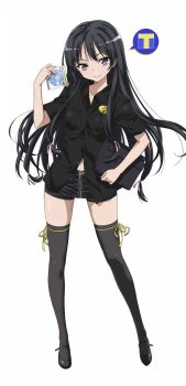 1girl bag black_footwear black_hair black_shirt black_thighhighs boku_wa_tomodachi_ga_sukunai cd cd_case closed_mouth collarbone commentary denim denim_shorts full_body highres holding holding_bag holding_cd mikazuki_yozora name_tag official_art purple_eyes shirt shorts simple_background solo speech_bubble standing thighhighs watanabe_yoshihiro white_background zettai_ryouiki