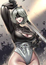 Rule 34 | 1girl, 2024, 2b (nier:automata), absurdres, arm up, black blindfold, black gloves, black shirt, blindfold, breasts, cleavage cutout, clenched teeth, clothing cutout, commentary, cowboy shot, day, english commentary, facing viewer, falling petals, feather-trimmed sleeves, female focus, gloves, grey sky, groin, highleg, highleg leotard, highres, holding, holding sword, holding weapon, juliet sleeves, large breasts, legs together, leotard, long sleeves, mole, mole under mouth, nier:automata, nier (series), outdoors, overcast, parted lips, petals, puffy sleeves, red lips, shiny skin, shirt, short hair, sky, solo, spread fingers, sword, teeth, thick thighs, thighs, treartz, weapon, white hair, white leotard