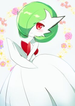 bob_cut chisen_maimai dress elbow_gloves floral_background gardevoir gen_3_pokemon gloves green_hair hair_over_one_eye highres mega_gardevoir mega_pokemon nintendo pokemon pokemon_(creature) red_eyes simple_background smile spica_7 strapless strapless_dress white_dress white_gloves