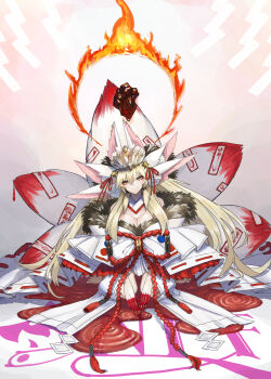 1girl animal_ears blonde_hair blood breasts cleavage commentary_request dress fate/grand_order fate_(series) fingernails fire fox_ears fox_tail fur_trim haruharudog highres japanese_clothes koyanskaya_(fate) koyanskaya_(lostbelt_beast:iv)_(fate) large_breasts long_fingernails long_hair looking_at_viewer multiple_tails ofuda red_nails smile solo tail white_dress yellow_eyes