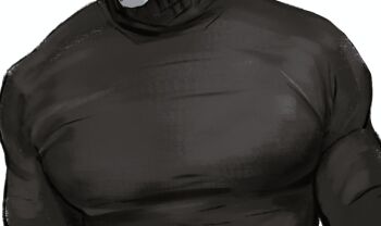 1boy black_shirt commentary covered_pectorals english_commentary greyscale head_out_of_frame long_sleeves male_focus monochrome original pectorals reddokkaebe shirt simple_background solo turtleneck white_background