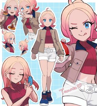 +_+ 1girl ;p belt blonde_hair blue_background blue_eyes blue_shoes bracelet brown_jacket brushing_hair brushing_own_hair clenched_hands closed_eyes closed_mouth commentary eyelashes food grid_background hair_brush highres holding holding_hair_brush jacket jewelry knees long_sleeves meru_merume603 multiple_views navel nintendo one_eye_closed open_clothes open_jacket outline pokemon pokemon_legends:_z-a red_shirt ribbed_shirt shirt shoes shorts smile taunie_(pokemon) tongue tongue_out white_belt