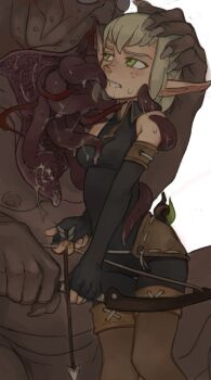 1girl bad_link blonde_hair boots elbow_gloves evangelyne_(wakfu) feason freckles gloves green_eyes hands_on_another's_head highres monster pointy_ears restrained short_hair slime_(substance) sweat sweatdrop tentacle_grab tentacles thigh_boots thighhighs wakfu