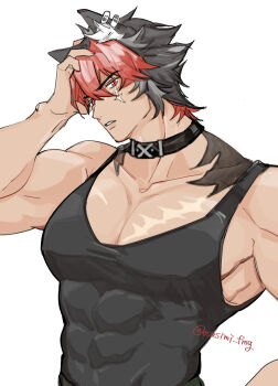 1boy animal_ear_piercing animal_ears black_choker black_hair black_tank_top choker commentary_request dog_boy dog_ears komano_manato large_pectorals male_focus multicolored_hair muscular muscular_male osasimi_frog pectorals red_eyes red_hair scar scar_on_chest scar_on_face tank_top zenless_zone_zero
