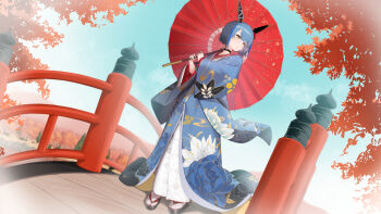 Rule 34 | + +, 1girl, architecture, azur lane, blue hair, blue kimono, blue sky, bridge, commentary request, day, east asian architecture, floral print, gascogne (azur lane), gascogne (traveling mood mechanism) (azur lane), highres, holding, holding umbrella, japanese clothes, kimono, maple tree, mechanical ears, oil-paper umbrella, oregano (olgn eao), outdoors, print kimono, sandals, short hair, sky, solo, tabi, tree, umbrella, yellow eyes