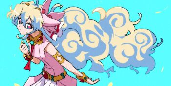 Rule 34 | 1girl, ahoge, armband, belt, blonde hair, blue background, bracelet, commentary request, cross-shaped pupils, dress, flower, hair flower, hair ornament, highres, jewelry, long hair, looking at viewer, multicolored hair, neckerchief, nia teppelin, nzeneee, pink dress, red neckerchief, simple background, sleeveless, sleeveless dress, smile, symbol-shaped pupils, tengen toppa gurren lagann, two-tone hair