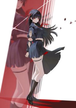 1girl arm_cutout black_choker black_hair black_serafuku black_shirt black_shoes black_skirt black_socks bug butterfly chisa_(wuthering_waves) choker clothing_cutout doga_gyul full_body hair_ribbon hashtag-only_commentary highres insect kneehighs long_hair mole mole_under_eye neckerchief open_mouth red_eyes red_neckerchief red_ribbon ribbon sailor_collar school_uniform serafuku shirt shoes skirt socks solo tacet_mark_(wuthering_waves) thigh_strap white_sailor_collar wuthering_waves