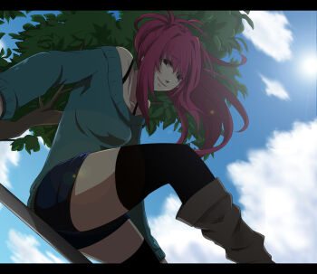 10s 1girl aged_up female_focus highres in_tree letterboxed long_hair mahou_shoujo_madoka_magica mahou_shoujo_madoka_magica_(anime) michiru_(nonewane) ponytail red_hair sakura_kyoko sitting sitting_in_tree solo tree
