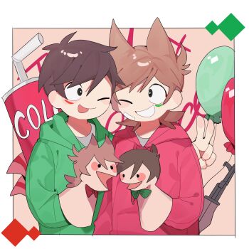 2boys absurdres balloon bandage_on_cheek black_eyes border bright_pupils brown_hair cheek-to-cheek chinese_commentary commentary_request cup drink drinking_straw edd_(eddsworld) eddsworld eye_contact green_hoodie grin gun hair_ears hand_puppet heads_together highres hood hood_down hoodie looking_at_another male_focus multiple_boys one_eye_closed puppet red_hoodie short_hair simple_background smile tongue tongue_out tord_(eddsworld) upper_body v weapon white_border white_pupils zenmerucinan