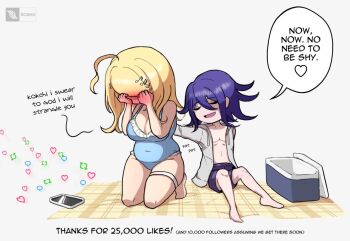 1boy 1girl :d ahoge akamatsu_kaede bare_arms bare_shoulders barefoot blonde_hair blush breasts cleavage closed_eyes danganronpa_(series) danganronpa_v3:_killing_harmony english_text fortissimo frilled_one-piece_swimsuit frills grey_jacket hair_ornament heart jacket large_breasts male_swimwear musical_note musical_note_hair_ornament oma_kokichi one-piece_swimsuit open_clothes open_jacket open_mouth outdoors purple_hair simple_background sitting smile soshu_(soshuscribbles) speech_bubble swimsuit translation_request twitter white_background
