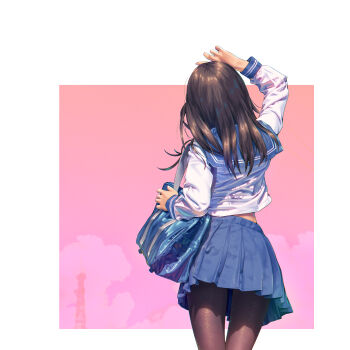 1girl a.x. absurdres arm_up bag blue_skirt brown_hair cloud commentary_request highres long_hair original outdoors pantyhose photo-referenced pleated_skirt school_uniform serafuku simple_background skirt sky solo white_background