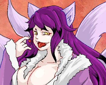 animal_ears breasts cherry daji_(mon-musu_quest!) daji_(shrift) fangs food fox_ears fruit kitsune kyuubi large_breasts mon-musu_quest! mon-musu_quest:_paradox multiple_tails p_t_o_ purple_fur purple_hair shrift tail tongue tongue_out yellow_eyes