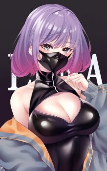 1girl bare_shoulders black_background bodysuit breasts character_name character_request copyright_request highres jacket latex latex_bodysuit latex_mask looking_at_viewer luna_(yd) mask medium_breasts mouth_mask multicolored_hair one-piece_swimsuit original portrait short_hair solo swimsuit two-tone_hair wanzi_(99wanzi99)